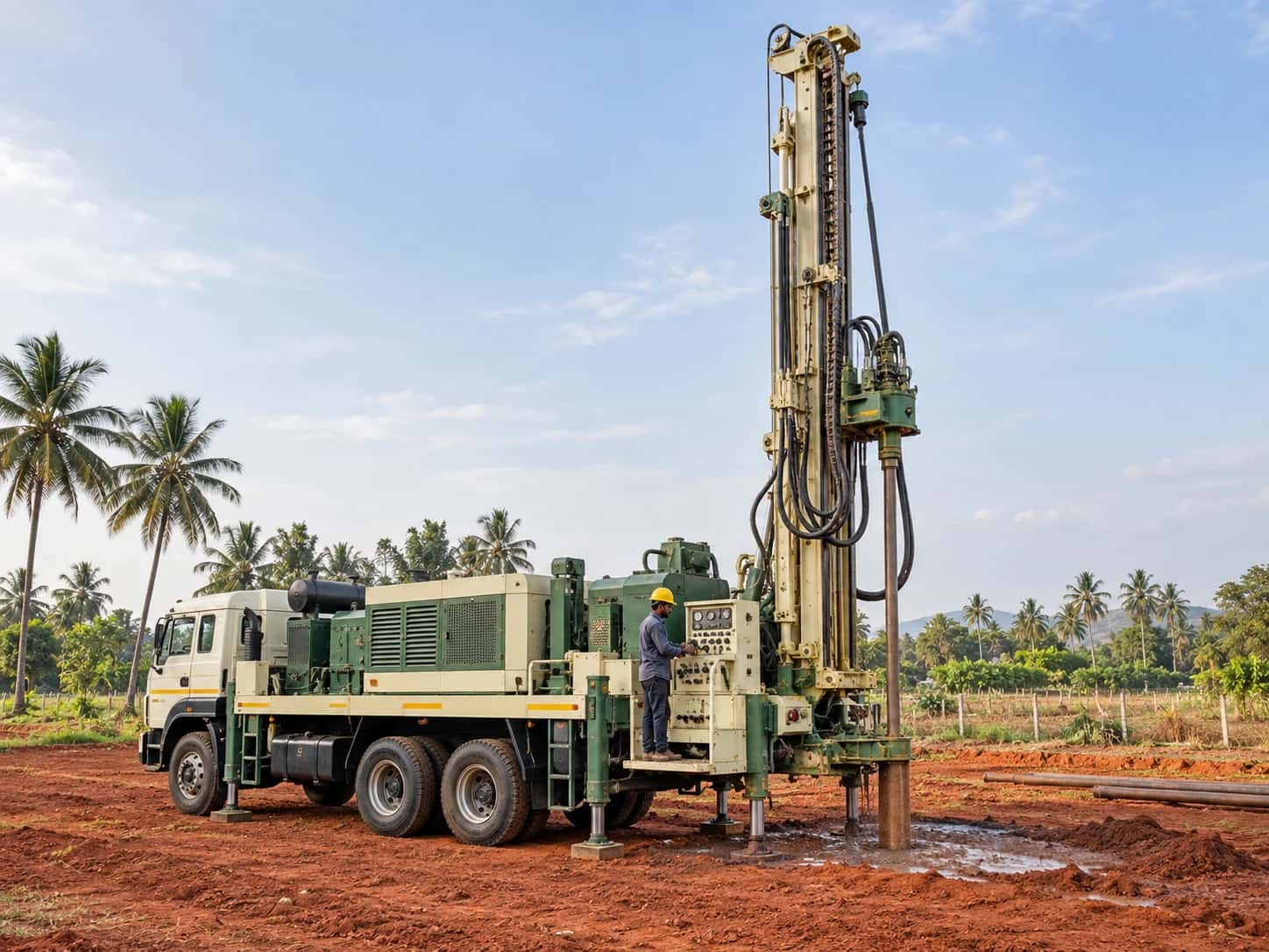Borewell drilling rig operating on a Bangalore site