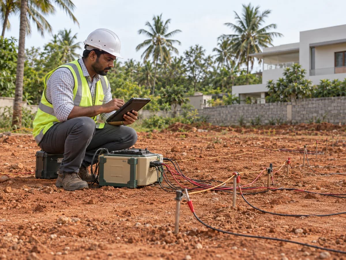 Illustration of an Indian technician assessing a borewell site with survey equipment